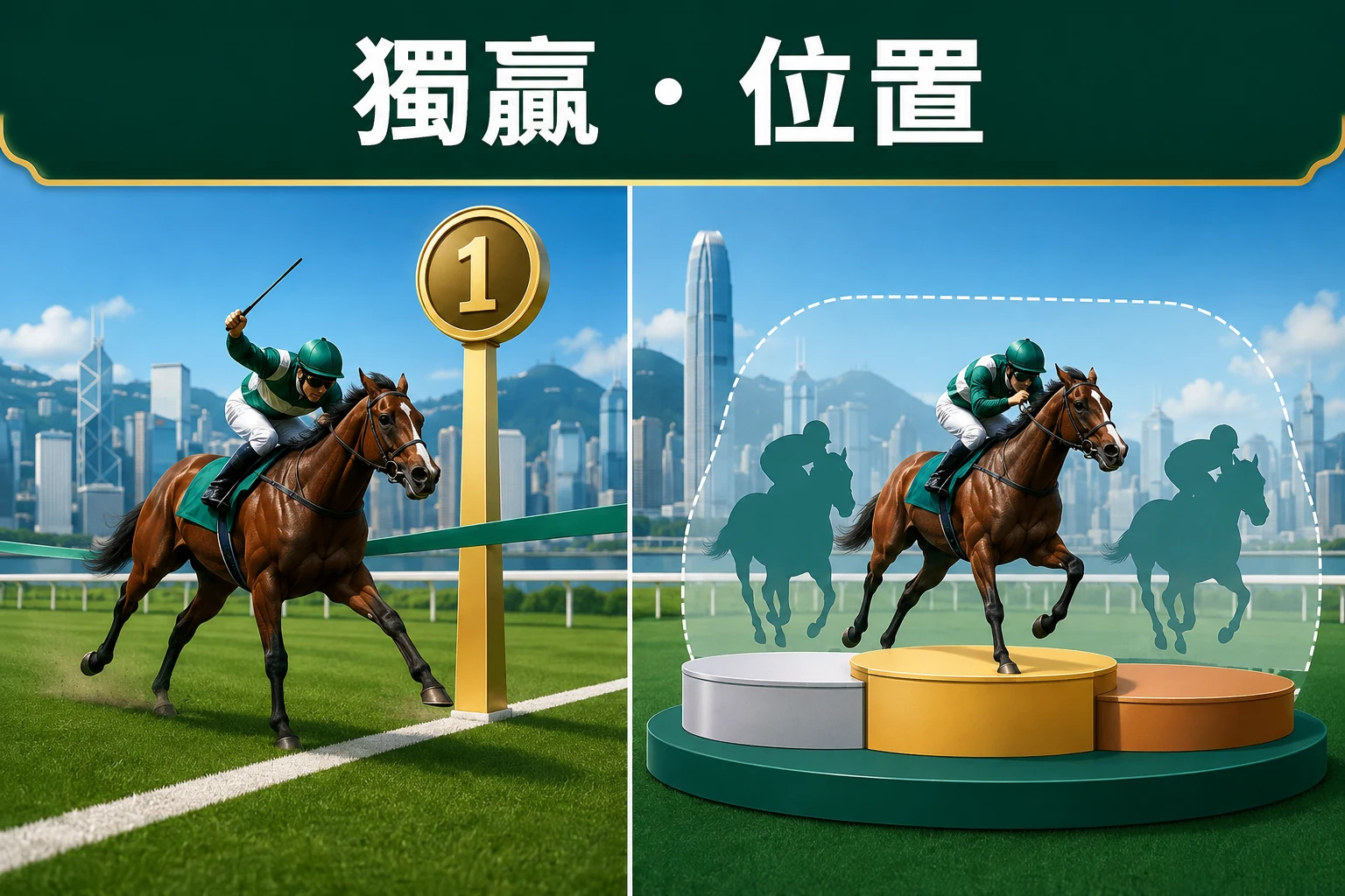 獨贏與位置玩法對照，展示頭馬和入位區域